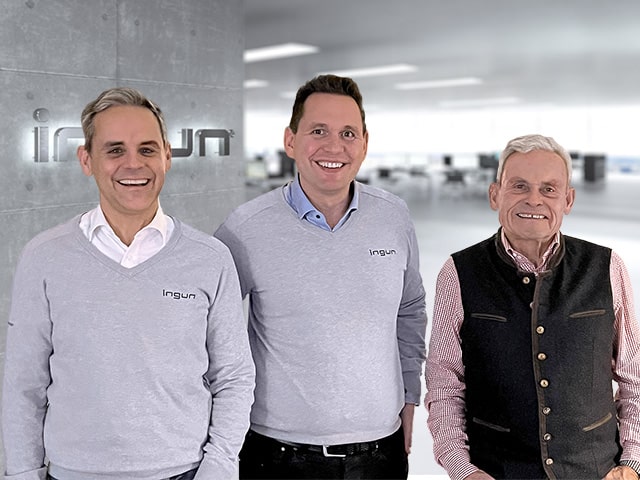 Armin Karl, Jochen Müller and Wolfgang Karl in front of INGUN logo
